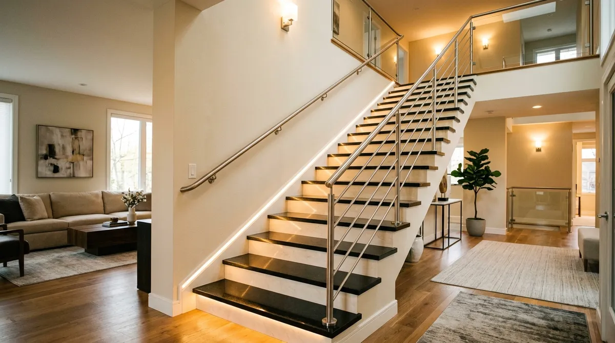 Straight-flight classic closed riser stone staircase with dark granite treads and contrasting light marble risers