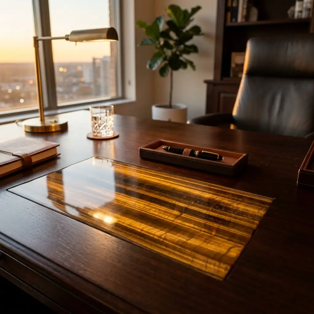 Executive office desk featuring a rich golden brown Tiger Eye semi precious stone inlay