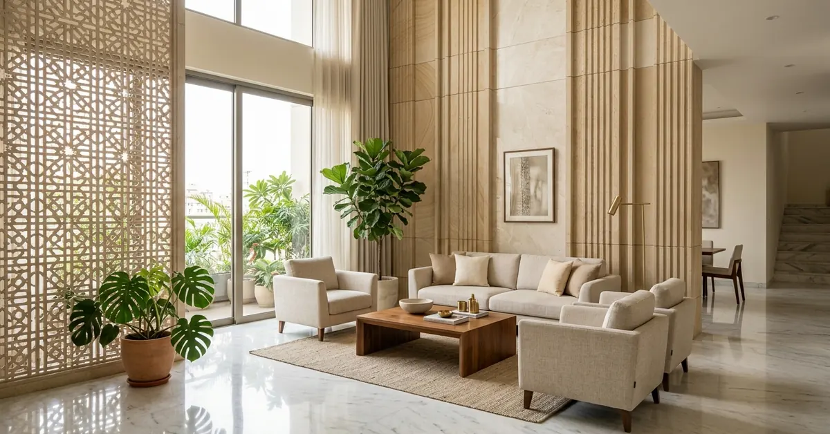6 Timeless interior design trends featuring fluted sandstone feature wall, CNC stone jaali partition, and polished marble flooring