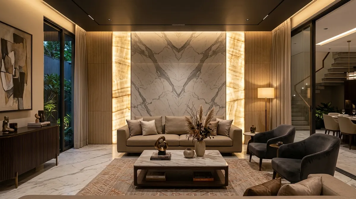 Top 10 feature wall designs in natural stone showcasing bookmatched Statuario marble and warm backlit translucent quartzite panels in a luxury living room