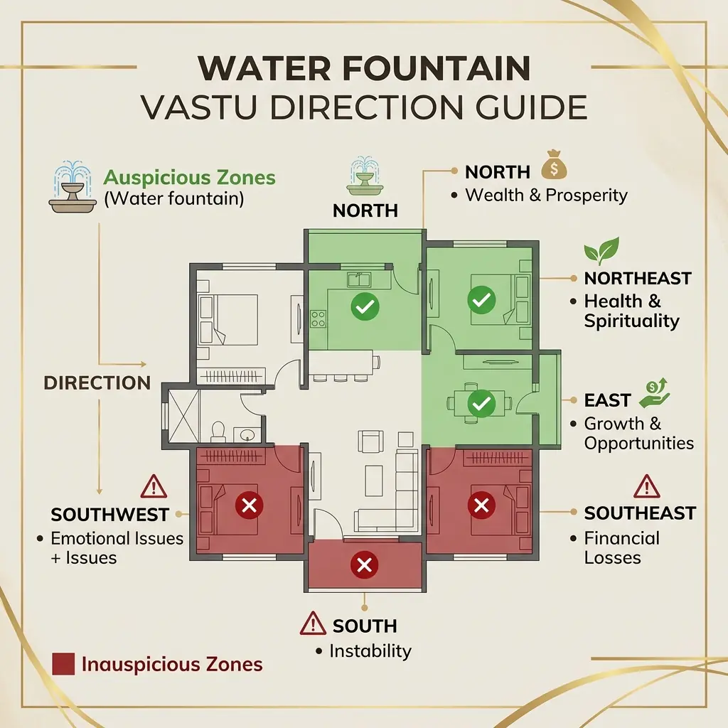 Vastu directions layout guide for placing a water fountain inside a home