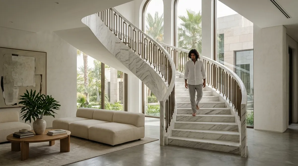 Pure white Indian marble staircase with smooth flowing veins and bullnose edge detailing in an opulent modern home