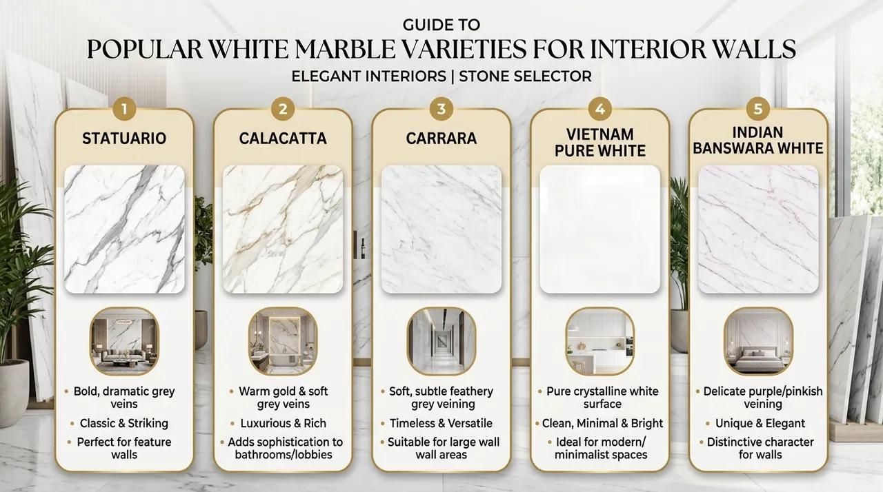 Popular white marble varieties for interior walls comparison guide showing Statuario, Calacatta Gold, Carrara, Vietnam White and Banswara White