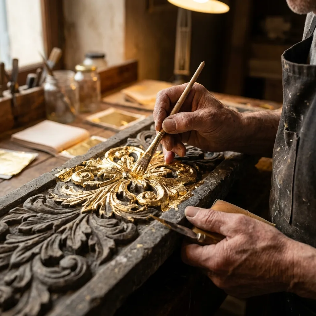 Close-up of artisan hand applying luxurious gold leaf to carved stone