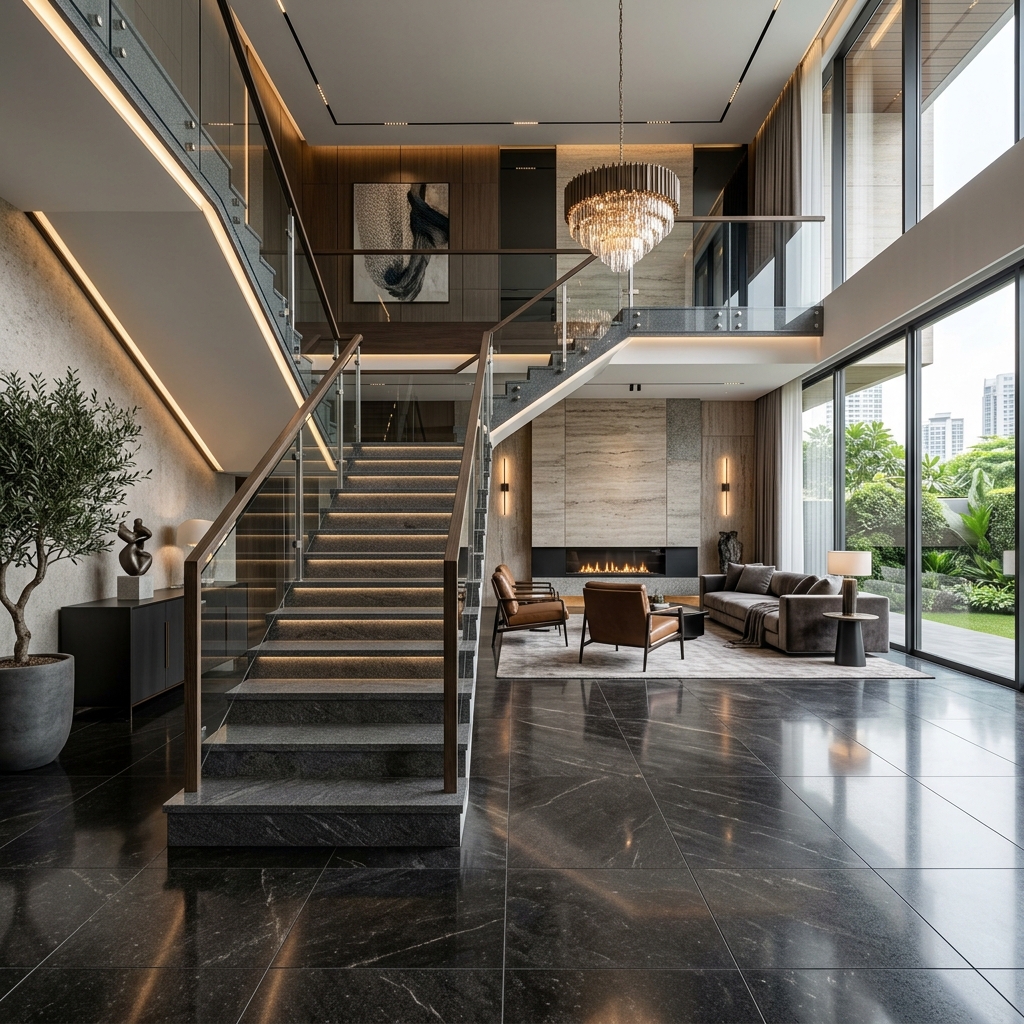 Luxurious modern interior with premium granite stone flooring and staircase
