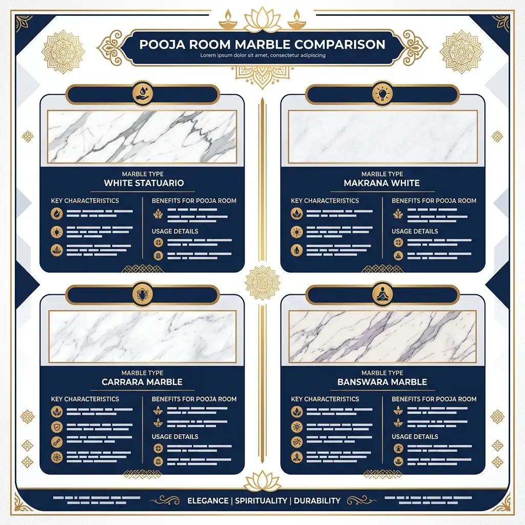 Infographic comparing Makrana, White, Green, and Onyx marble types for pooja room designs ideas