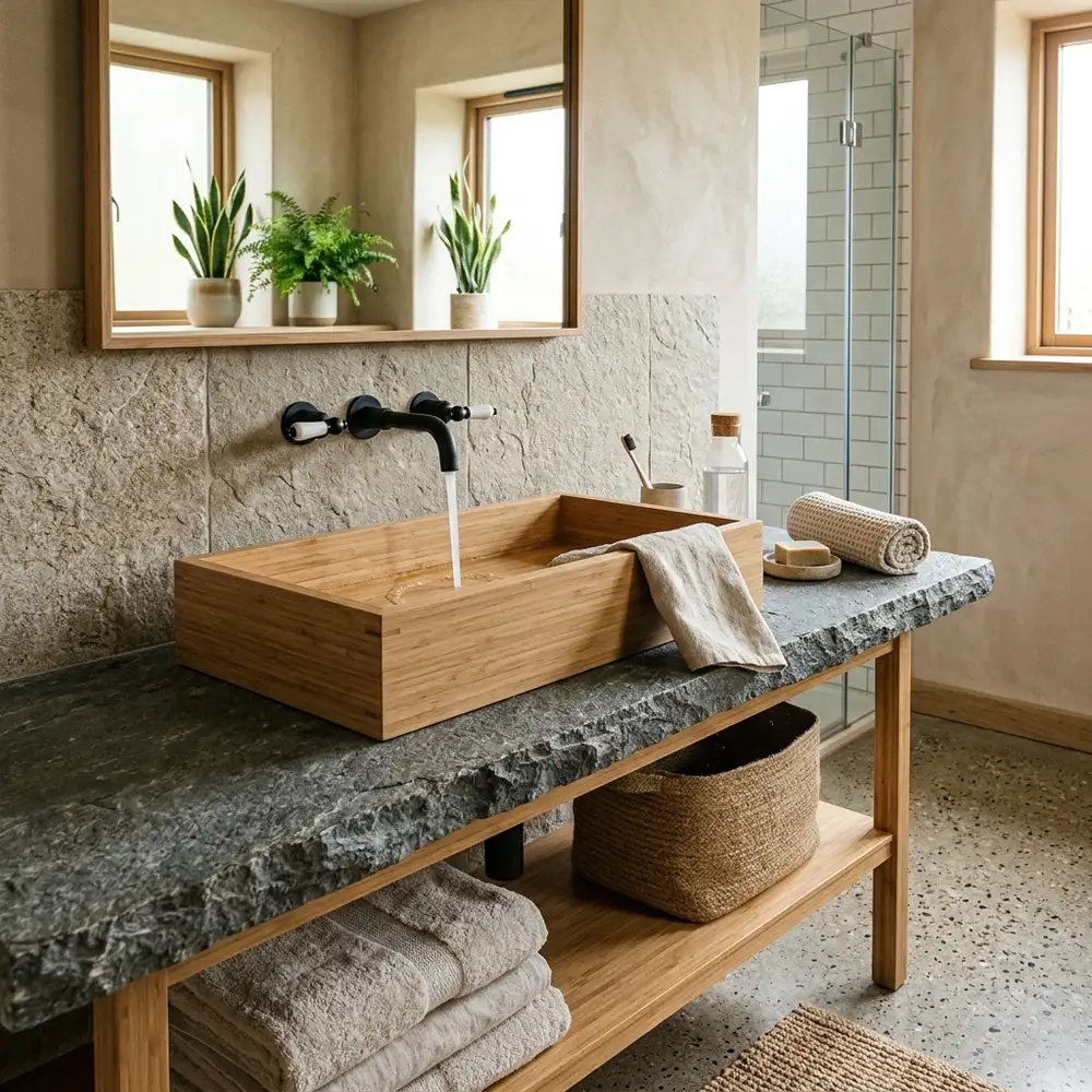 A sleek rectangular bamboo wash basin mounted on a stone vanity