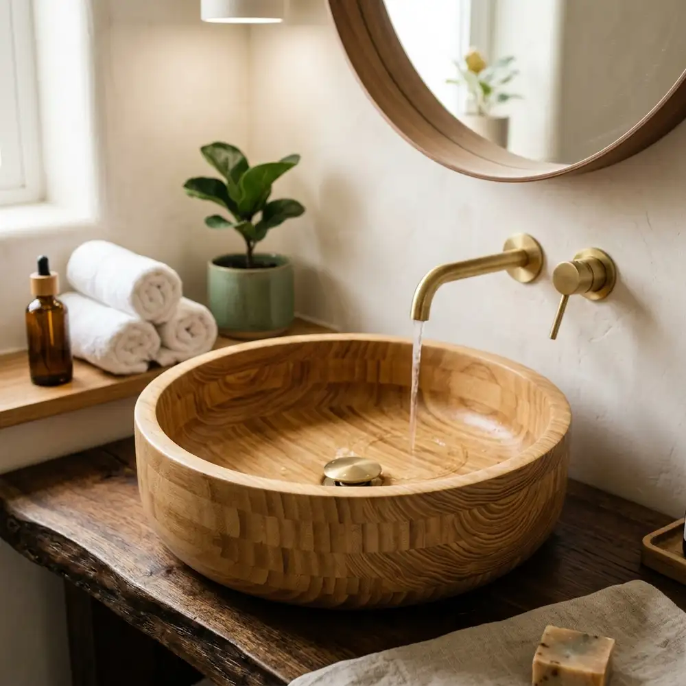 Close-up of a round bamboo wash basin with visible wood grain