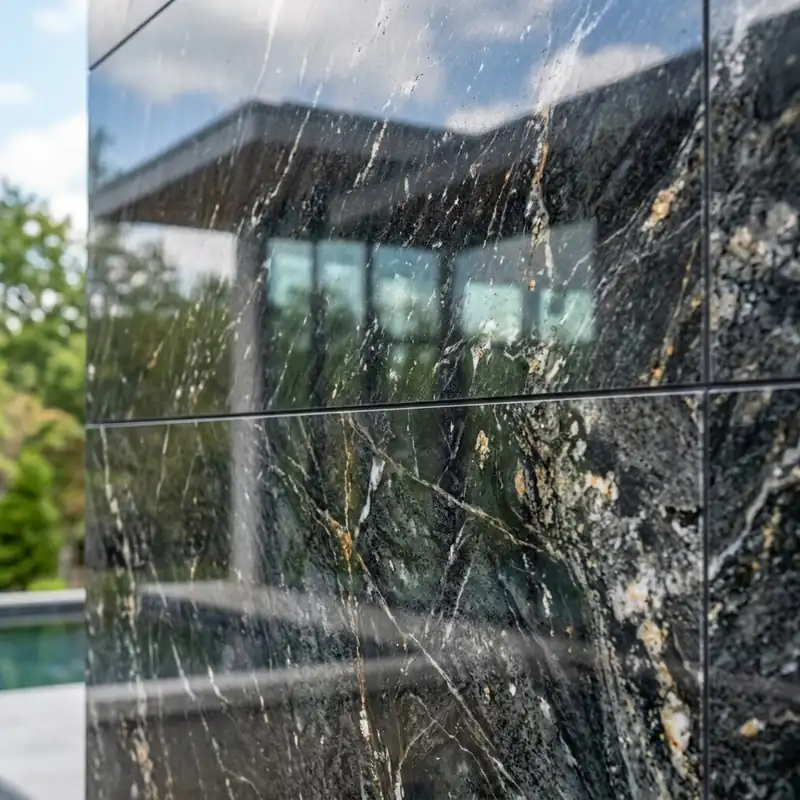 Realistic close-up of a highly polished marble or granite exterior accent wall