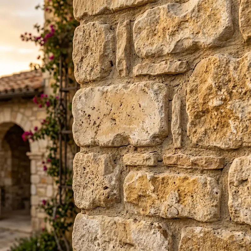 Realistic close-up of a premium tumbled travertine or limestone exterior wall cladding